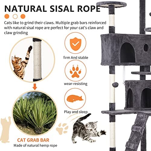 BestPet 70in Cat Tree Tower with Scratching Posts & Toys, Multi-Level Activity Center,Light Gray