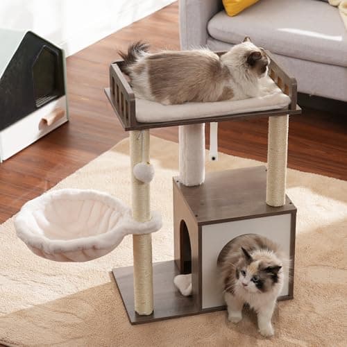 Heybly Modern Wooden Cat Tree with 3 Scratching Posts & Rustic Gray Condo HCT007SSG