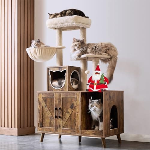 Modern Cat Tree with Litter Box Enclosure for Large Indoor Cats