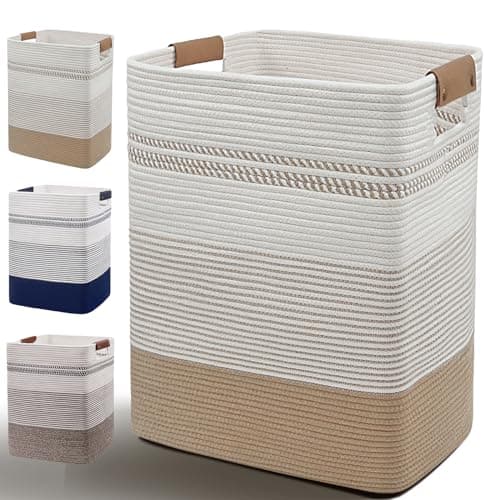 Large Tall Woven Rope Laundry Hamper with Leather Handles - Dark Blue & White — Jute & White