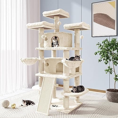 Allewie 68" Smokey Grey Cat Tree with Towers and Condo — Beige