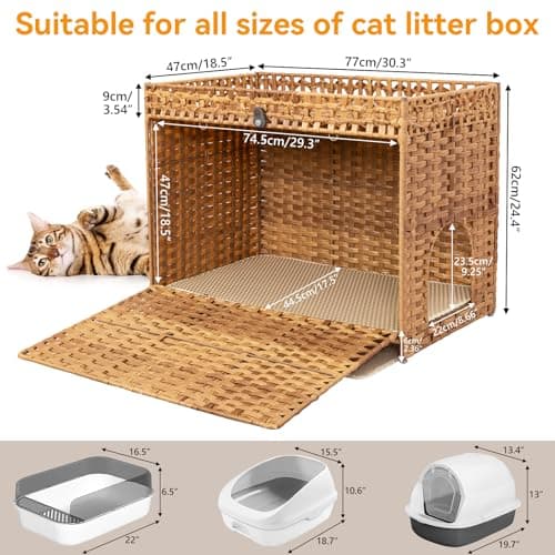 Handwoven Rattan Cat House with Door for Large Cats, Natural Enclosure Furniture