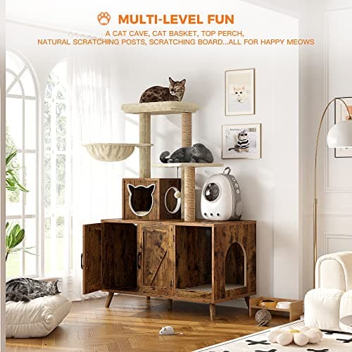 Modern Cat Tree with Litter Box Enclosure for Large Indoor Cats
