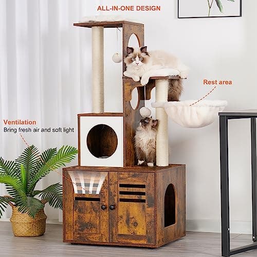 Heybly Wood Litter Box Cat Tree, Large Platform & Condo, Modern Style Cat Tower
