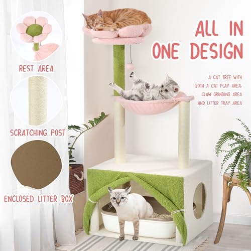 HOMBYS 46 Inch Flower Cat Tree with Litter Box & Storage, Soft Fleece & Sisal