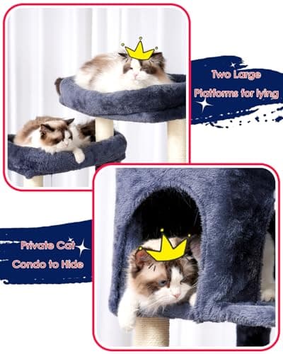 Smoky Gray 64" Tall Cat Tree with Tower, Condo, Food Station, Scratching Post & Hammock GCT021G