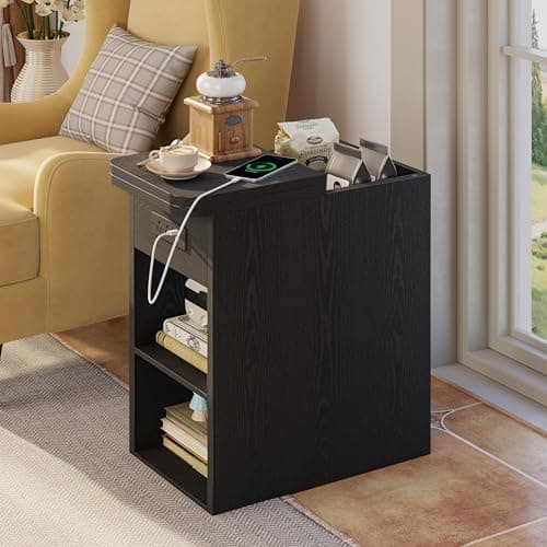 LIKIMIO Narrow Side Table with Flip Top Storage & Charging Station, Vintage Black
