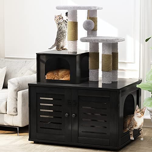 Recaceik Cat Litter Box with Tree, Hidden Washroom & Scratching Post, Black