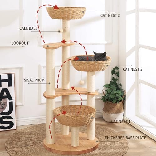 "Luxury Oak Cat Tree Tower for Multiple Cats, Manual Hand Woven, Easy Clean"