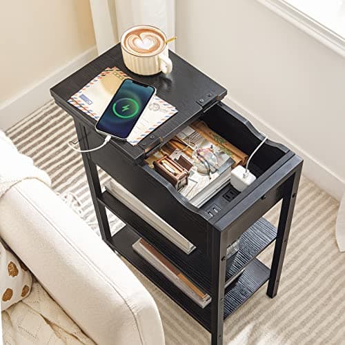 HOOBRO Black Narrow Nightstand with Charging Station BK341BZ01