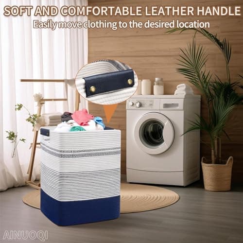 Large Tall Woven Rope Laundry Hamper with Leather Handles - Dark Blue & White