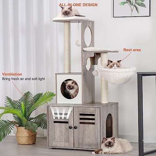 Heybly Wood Litter Box Enclosure & Cat Tree, Modern Style Cat Furniture