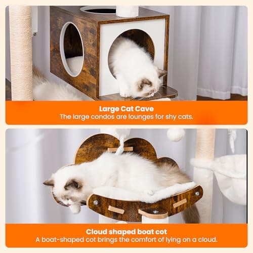 Hebly Wood Cat Tree for Large Cats with Groomer, Scratcher, Hammock & Ball, Rustic Brown