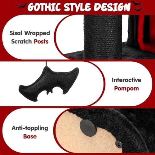 Heavy Duty Black & Red Gothic Cat Tree with Spacious Condo & Scratching Posts