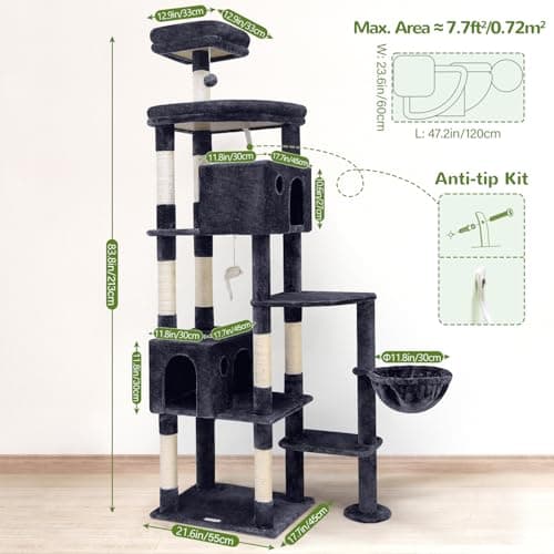 Giant 83 Inch Cat Tree for Large Cats, 9 Scratching Posts, Dark Grey