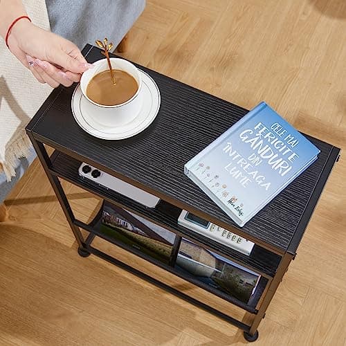 Narrow End Table for Small Spaces - Black Magazine Holder Side Table