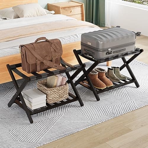 Walnut Luggage Racks Pack of 2 for Hotel Guest Rooms — Black 2 Pcs