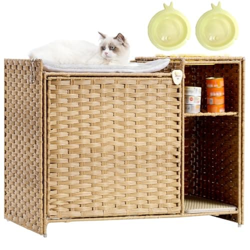 Grey GCLB002G Handwoven Rattan Cat Condo with Litter Box Furniture — Natural