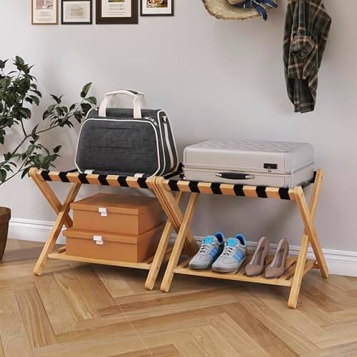 SMIBUY Foldable Bamboo Luggage Rack with Storage, Set of 2 (Natural)
