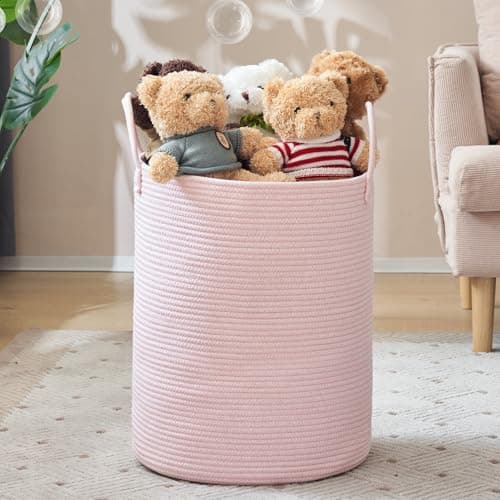 YOUDENOVA Tall 58L Jute Rope Laundry Hamper for Bedroom and Baby Nursery — Pink