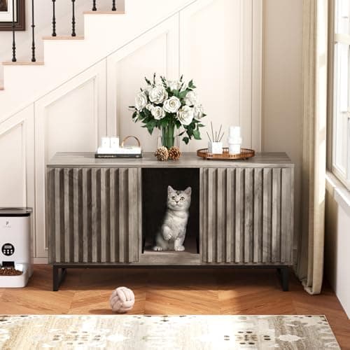 Modern Cat Litter Box Enclosure with Scratch Pad & Washroom (Natural) — Grey