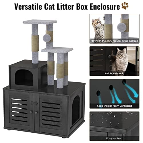 Recaceik Cat Litter Box with Tree, Hidden Washroom & Scratching Post, Black
