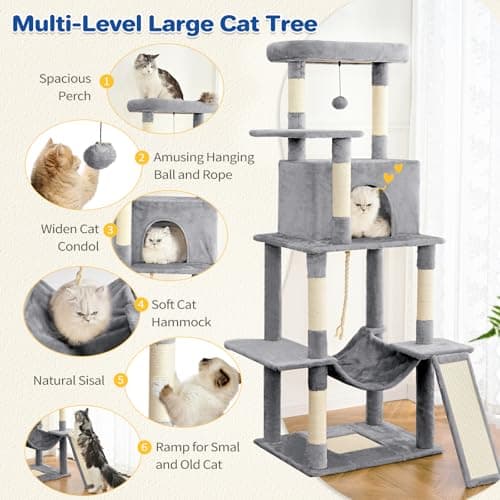 Multi-Level Cat Tree Tower with Sisal Scratching Posts & Hammock - Light Grey
