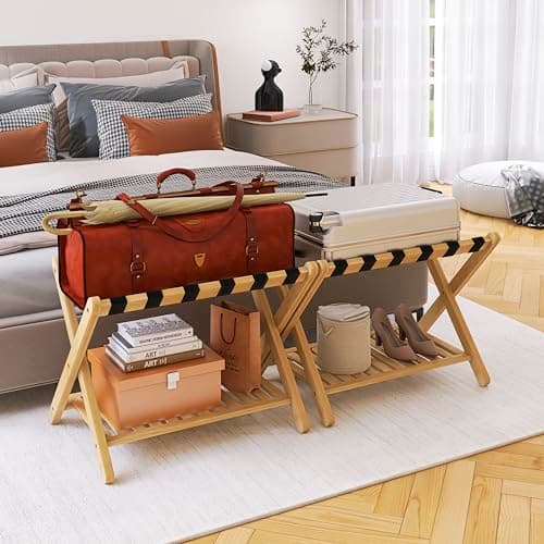 SMIBUY Foldable Bamboo Luggage Rack with Storage, Set of 2 (Natural)