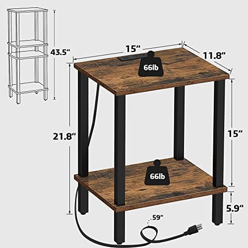TUTOTAK End Table with Charging Station, 2-Tier Storage, USB Ports TB01BB040