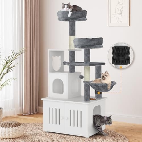 YITAHOME 2-in-1 Cat Tree and Litter Box Enclosure - Modern Indoor Cat Tower with Wood House, Perch, and Hammocks, 59 Inch, Gray — White