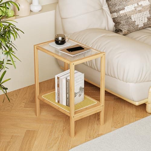 Bamworld Rattan 2-Tier Side Table with Storage Boho Living Room Glasstop Narrow Coffee Table — 2 Tier-rattan Table-nature