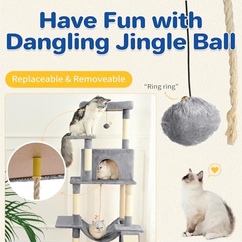 Multi-Level Cat Tree Tower with Sisal Scratching Posts & Hammock - Light Grey