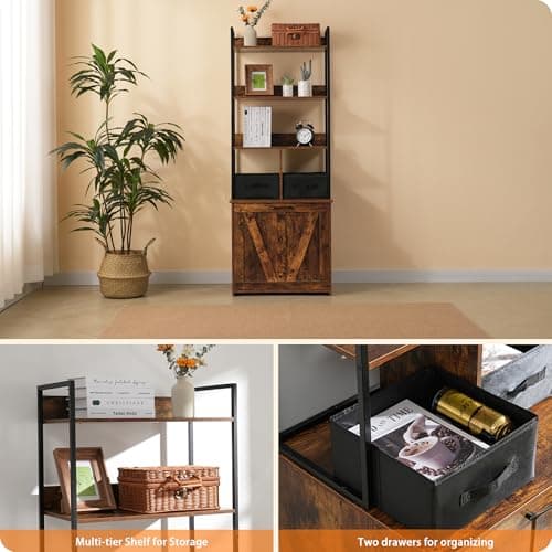 Dwanton Rustic Brown Cat Litter Box with 3 Shelves & 2 Drawers