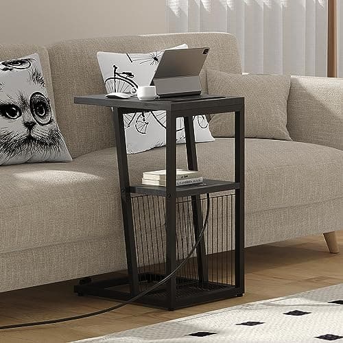 C Shape Side Table with Charging Station and Phone Holder for Small Spaces