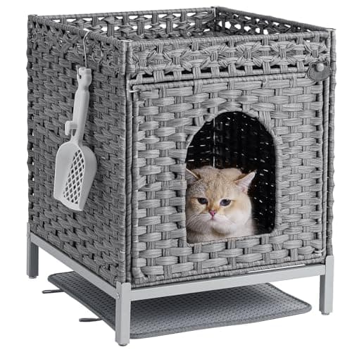 Hidden Rattan Cat House with Litter Mat & Metal Feet — Grey