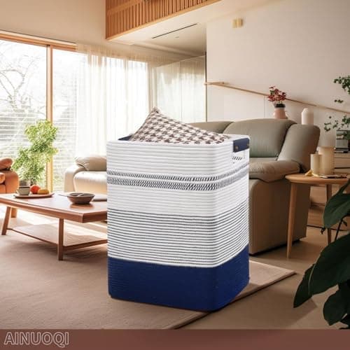 Large Tall Woven Rope Laundry Hamper with Leather Handles - Dark Blue & White