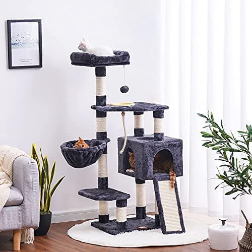 Heybly Multi-Level Cat Tree with Feeding Bowl and Scratching Board for Indoor Cats