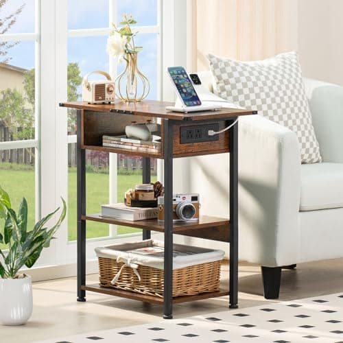 Lerliuo Narrow Side Table with Charging Station, Brown Nightstand for Small Spaces