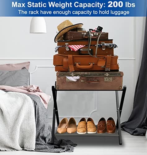 Black Foldable Suitcase Stand with Shelf, Hotel Guest Room Essential, 1 Pack