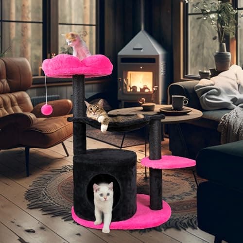 Black Pink Flower Cat Tree for Indoor Cats with Hammock