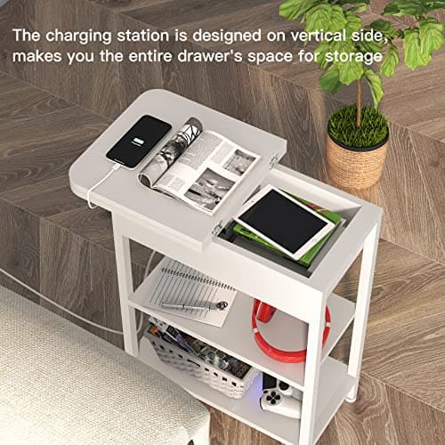 LIDYUK Flip Top Side Table with USB Ports & Outlets, White