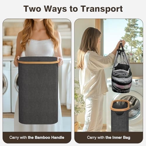 Slim Dark Grey Laundry Hamper with Lid, 60L & Handles