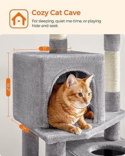 Feandrea 61-Inch Cat Tree for Indoor Cats - Plush Multi-Level Condo with 5 Scratching Posts, 2 Perches, 2 Caves, and Hammock in Light Gray