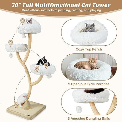 Tall 70" Cat Tree with Scratching Posts, 3 Cozy Perches & Dangling Balls for Large Cats
