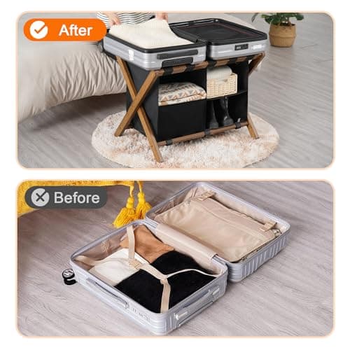 Bamboo Luggage Rack Set of 2 with Laundry Bag - Heavy-Duty Holder for Guest Room Hotel - Holds up to 141 lb