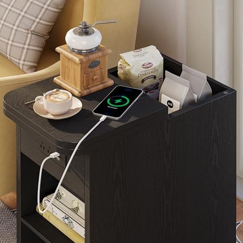 LIKIMIO Narrow Side Table with Flip Top Storage & Charging Station, Vintage Black