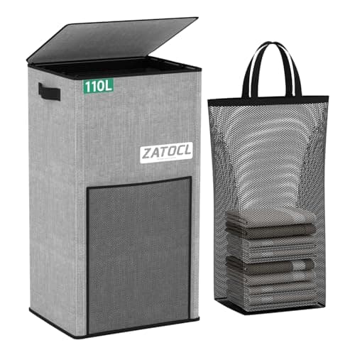 Large Laundry Hamper with Lid & Removable Bag - 110L Grey