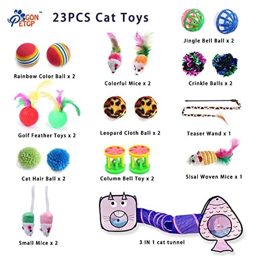 GONPET Set for Indoor Cats: 23 PCS Kitten Toys Including Tunnel & Teaser Wand