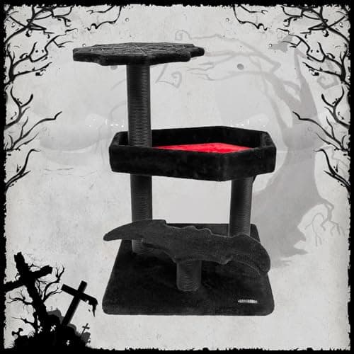 KAMABOKO Gothic Cat Tower with Coffin Bed - 30.3” Black and Red Design for Indoor Cats with Scratching Posts