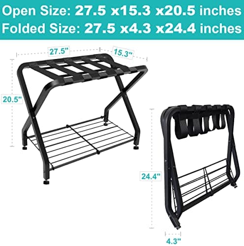 2-Tier Foldable Steel Luggage Rack, Black, 1 Pack